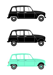 Retro car. Side view of a small vintage car in black and white and colour versions. Vector. 