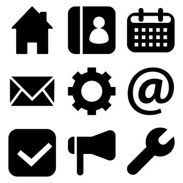 Icons set. Settings, contact, check, agenda, website symbols. Vector pack.