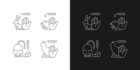 No animal cruelty linear icons set for dark and light mode. Ban violence in lab experiments for drug toxicity. Customizable thin line symbols. Isolated vector outline illustrations. Editable stroke