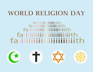 Concept of World religion day. Symbols of Christianity, Buddhism, Islam and Judaism.