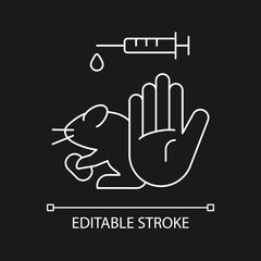No hamster testing white linear icon for dark theme. Refusal for animal abuse in lab research. Thin line customizable illustration. Isolated vector contour symbol for night mode. Editable stroke