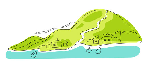 Summer landscape. A hill with houses, bushes and roads. River and boats. Stylized village. Mountain landscape with a dawn, an elongated format for the convenience of using it as a background.