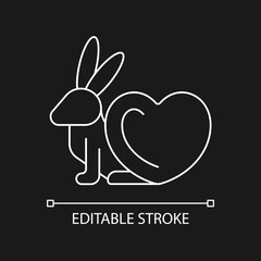 Cruelty free white linear icon for dark theme. Product label for vegan cosmetic brand. Bunny health. Thin line customizable illustration. Isolated vector contour symbol for night mode. Editable stroke