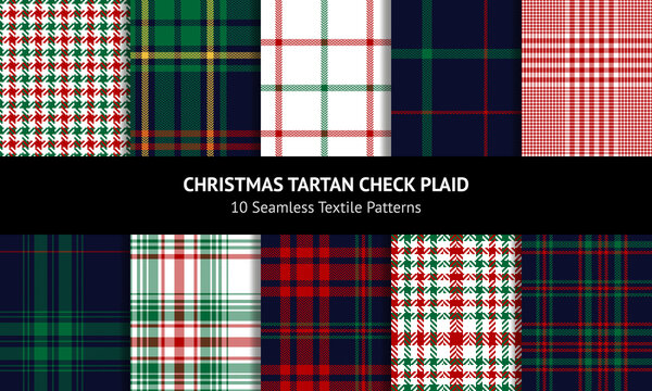Christmas check pattern set for winter holidays. Seamless tartan plaid vector in red, green, navy blue, yellow, white for flannel shirt, scarf, coat, jacket, dress, other modern fashion textile print.
