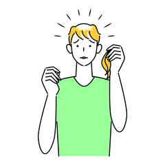 ヘアケア 抜け毛か多くなり頭頂部の薄毛が目立ってきて困り顔の可愛い男性 イラスト シンプル ベクター 