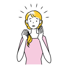 ヘアケア 抜け毛か多くなり頭頂部の薄毛が目立ってきて困り顔の可愛い女性 イラスト シンプル ベクター 