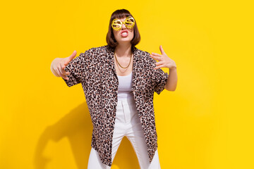 Photo of rich young millennial lady dance sing wear eyewear chain leopard shirt isolated on yellow color background - obrazy, fototapety, plakaty