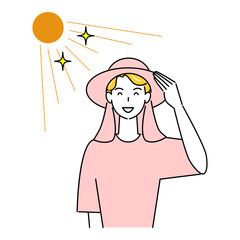熱中症対策 太陽の下でバックシェード付きのUVカットの帽子をかぶっている笑顔の可愛い男性 イラスト シンプル ベクター
