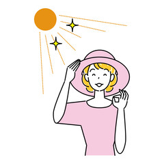 熱中症対策 太陽の下でUVカットの帽子をかぶっている笑顔の可愛い女性 イラスト シンプル ベクター
Heat stroke prevention. A pretty smiling woman wearing a UV-protective hat in the sun. Simple illustration. vector.