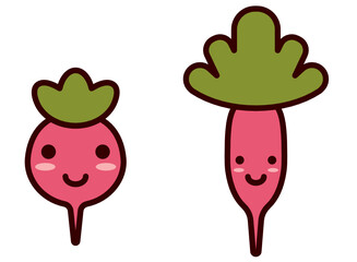 Cute baby radishes. Set kawaii vegetables. Cartoon characters smiling. Funny clipart for summer garden icons. pink root vegetables of different varieties. Food flat vector illustration with outline.