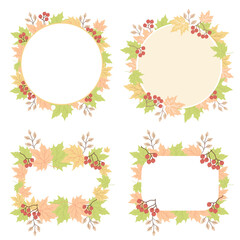 Fototapeta na wymiar Autumn pattern from leaves. collection of round and rectangular frames, napkins from multi-colored maple leaves, red rowan berries and branches. Vector illustration For print, decor, postcards, design