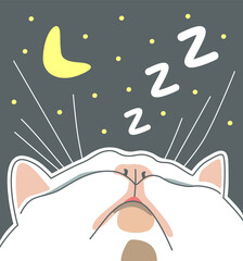 White cat, pink nose. Asleep with his head up. Night, moon and stars. Flat vector illustration.