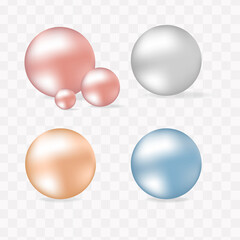 Pearl set isolated on transparent background. Spherical beautiful Vector Illustration. 3D orb with transparent glares and highlights.