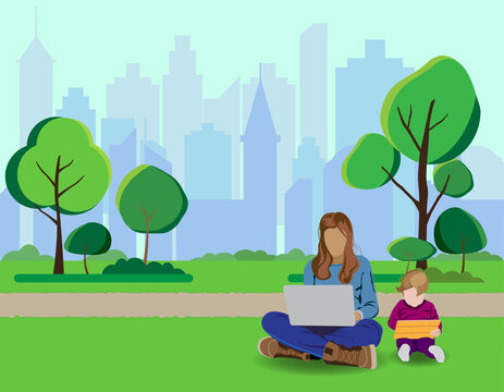 Woman and child with laptop sitting on a park bench. Concept illustration for freelance, work, study, education, work at home. Student works in the park. Vector illustration in a flat style.