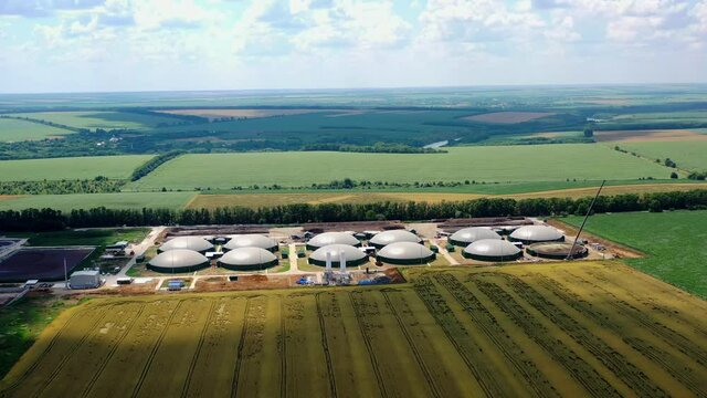 Aerial view of biogas plant. Aerial view of big biogas plant in fields