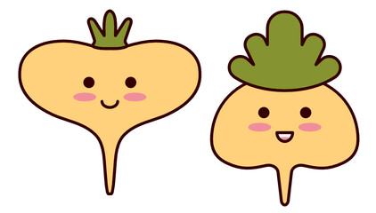 Cartoon turnip. Kawaii healthy food. Happy vegetable character smiling at baby. Ripe large root vegetables. Fairy harves. Cute farm vector clip art. Flat illustration of swede turnip for garden icons.