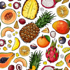 Seampless pattern vector color food. Exotic fruits and berries