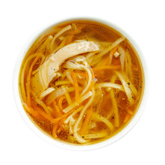 Isolated chicken noodle soup on white background