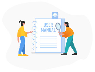 User manual, product guidebook or documentation. Two people stand near big textbook. Modern vector illustration