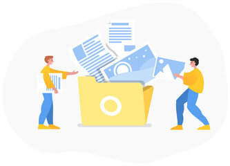 Personal cloud file storage or file sharing. Two people stand near big folder with different files. Modern vector illustration