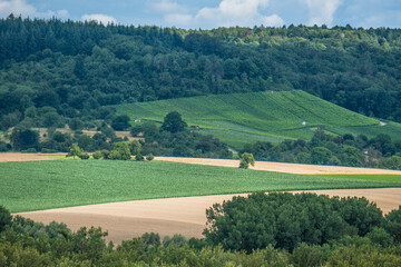 Dunkle Gewitterwolken über Agrarlandschaft