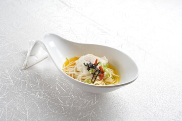 braised cook ramen noodle with scallop seafood dumpling in golden chicken stock soup big spoon bowl asian halal menu