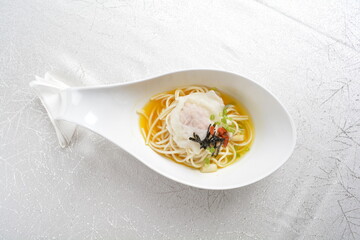 braised cook ramen noodle with scallop seafood dumpling in golden chicken stock soup big spoon bowl asian halal menu