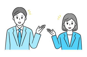 案内・説明をする　ビジネスマン、ビジネスウーマン
