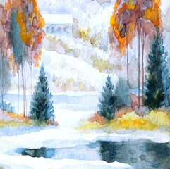 A city on the shore of a winter lake. Watercolor landscape