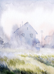 Foggy morning in the village. Watercolor landscape
