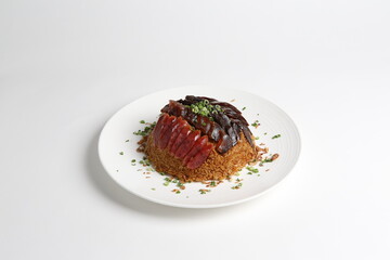 steamed sticky glutinous fried rice with mixed waxed meats chinese sausage wrapped in lotus leaf on gold asian menu