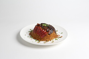 steamed sticky glutinous fried rice with mixed waxed meats chinese sausage wrapped in lotus leaf on gold asian menu
