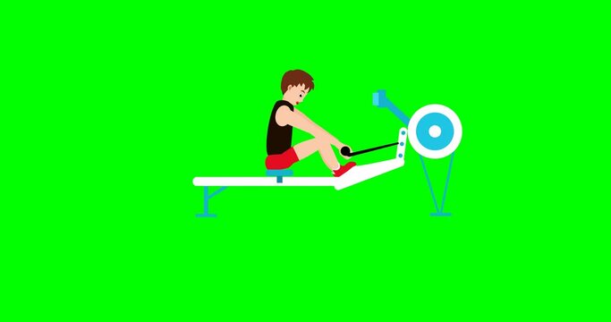 exercise on the sport simulator  boy 2d animation cartoon on green screen