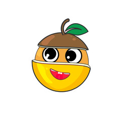 cartoon illustration of split character fruit in brown, yellow orange split, isolated on white background.