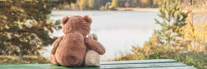 Stuffed toys brown teddy bear hugs bunny sitting on green bench on bank of tranquil lake on autumn day back view. Banner for web site.