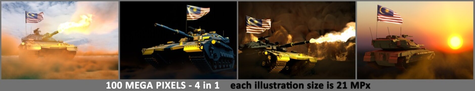 Malaysia army concept - 4 high detail pictures of tank with fictive design with Malaysia flag and free place for your text, military 3D Illustration