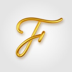 Gold 3d realistic capital letter F on a light background.
