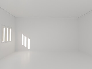 Interior space with white wall window floor ceiling, Minimal modern mock up with sunlight. 3D Rendering illustration.
