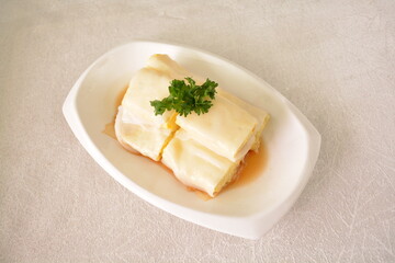 steamed rice vermicelli noodle roll wrapped with char siew prawn meat in salted soy sauce Cee cheong fan asian halal dim sum menu