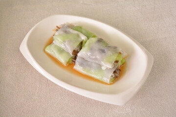 steamed rice vermicelli noodle roll wrapped with char siew prawn meat in salted soy sauce Cee cheong fan asian halal dim sum menu