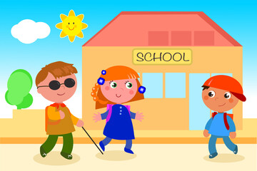 Obraz na płótnie Canvas Blind boy goes to school with friends, cartoon vector