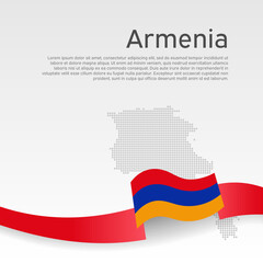Armenia flag, mosaic map on white background. Wavy ribbon with the armenian flag. Vector banner design, armenia national poster. Cover for business booklet. State patriotic, flyer, brochure