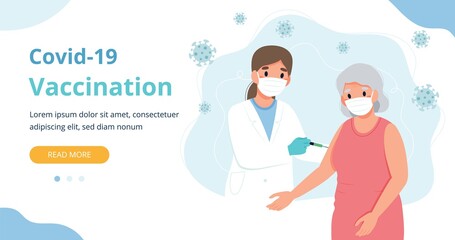 Vaccination for the elderly, senior woman and a doctor with a syringe. Banner webpage template illustration in flat cartoon style