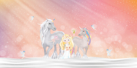 Unicorn with little fairies flying and cute princess walking on snow at magic wonderland,Cartoon fantasy winter landscape for Merry Christmas or Happy New Year greeting card for kids