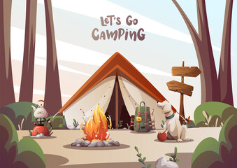 Campsite with tent, campfire, backpack, gas-burner, dog in the forest. Card design for Camping, traveling, trip, hiking, nature, journey concept. Vector illustration for poster, banner, postcard.