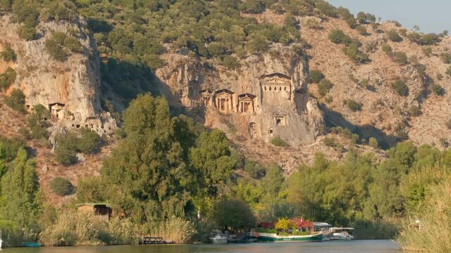 Rock-cut temple tombs of the ancient city Kaunos in Dalyan, Turkey. 