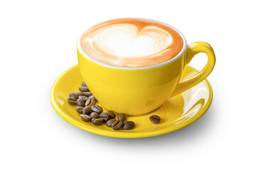 Latte coffee with heart latte art in yellow coffee cup with plate decorated by coffee beans isolated on white background