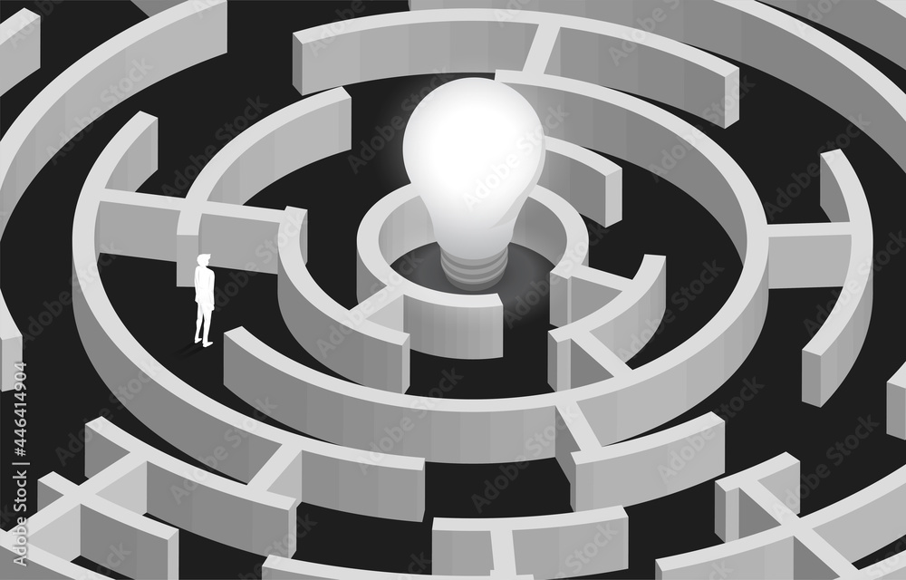 Poster Silhouette of Businessman in the maze finding way to light bulb. Concept for problem solving,solution strategy and idea.