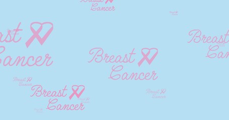 Fototapeta na wymiar Composition of pink multiple ribbon and breast cancer text on blue background