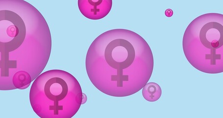 Composition of pink multiple pink venus symbol on blue background